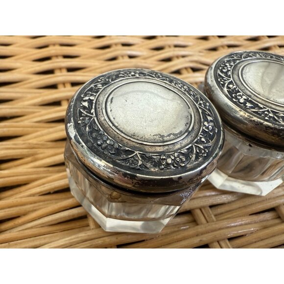 Antique 30's Vanity Jars Cut Crystal Floral Wallace Sterling Silver Tops Set 3 - Picture 16 of 16